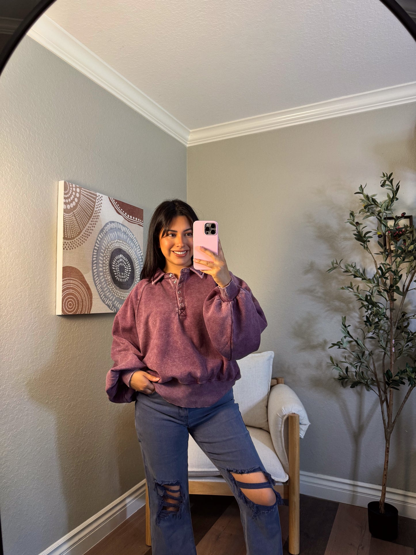 Kelsey Acid Wash Pullover - Eggplant