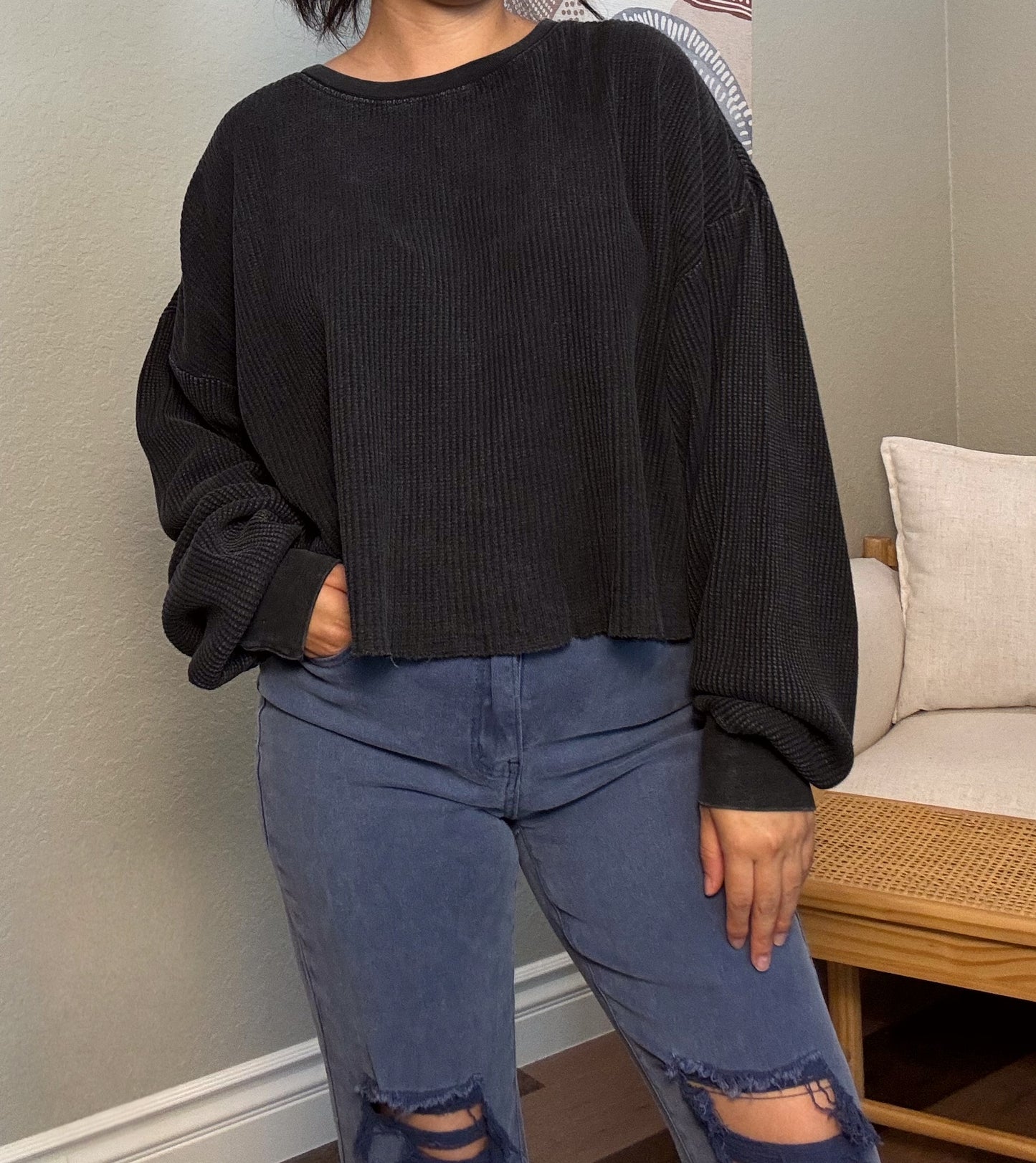 Mineral Wash Waffle Long Sleeve - DK GREEN & BLACK
