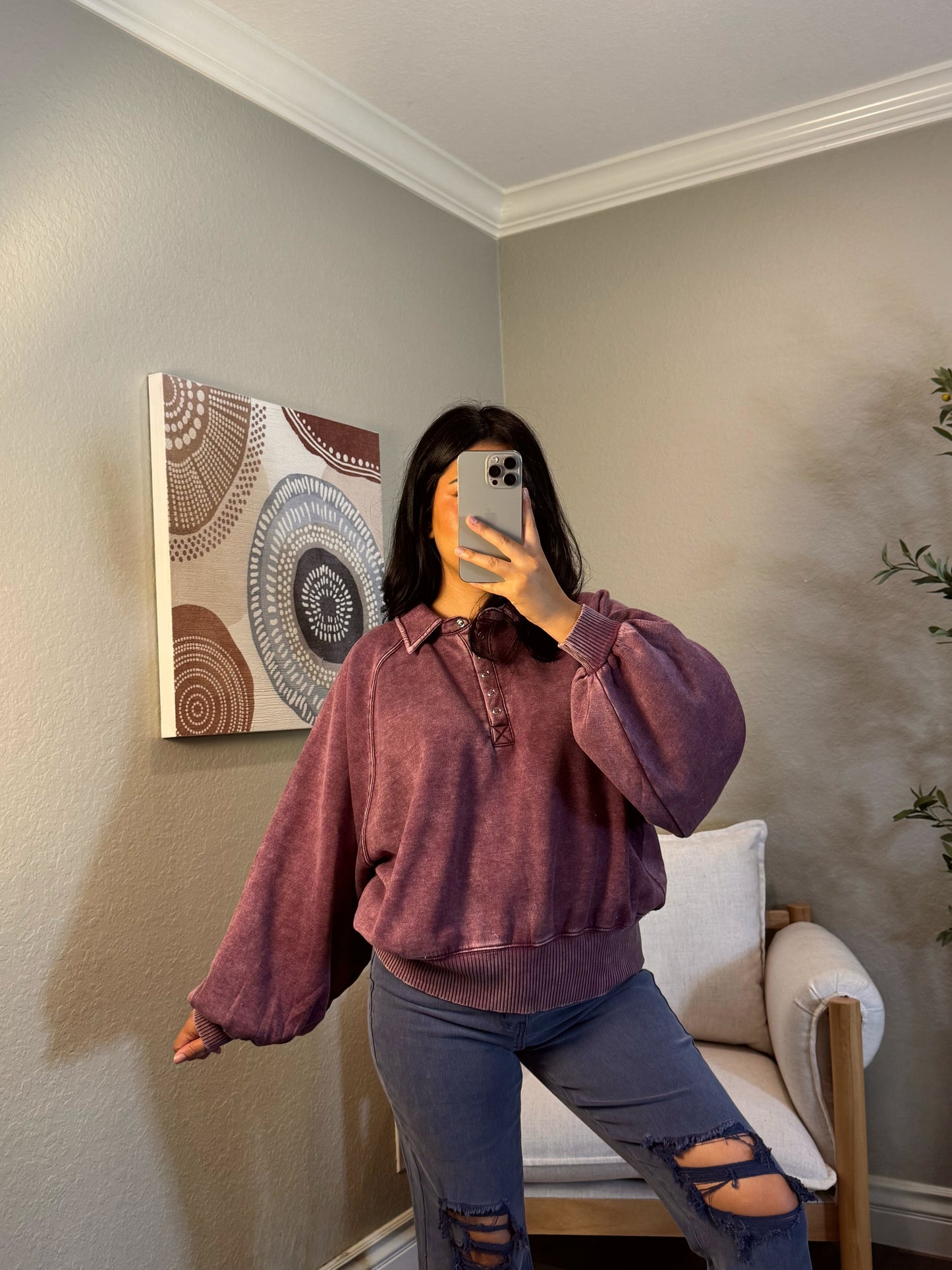 Kelsey Acid Wash Pullover - Eggplant