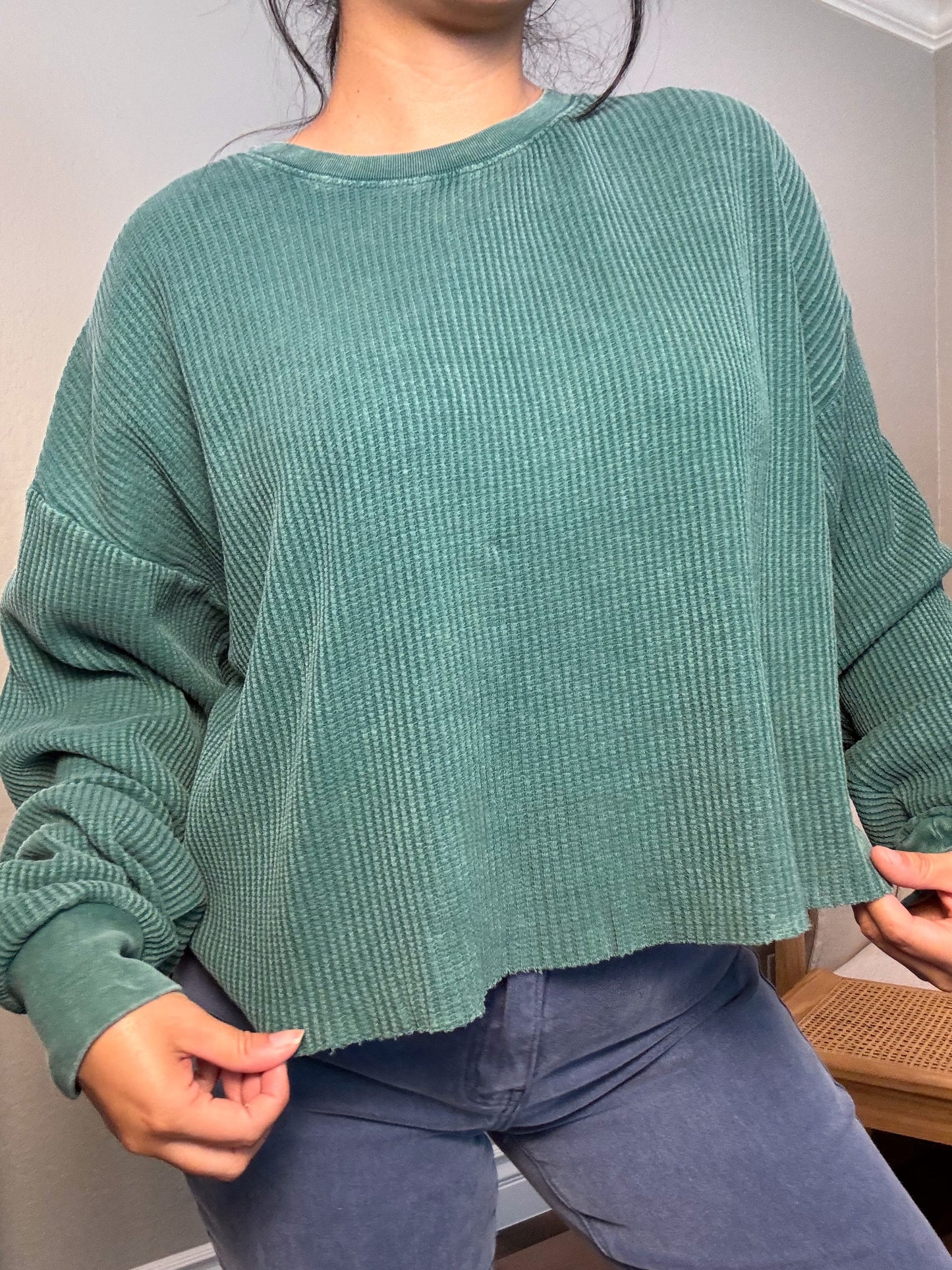 Mineral Wash Waffle Long Sleeve - DK GREEN & BLACK