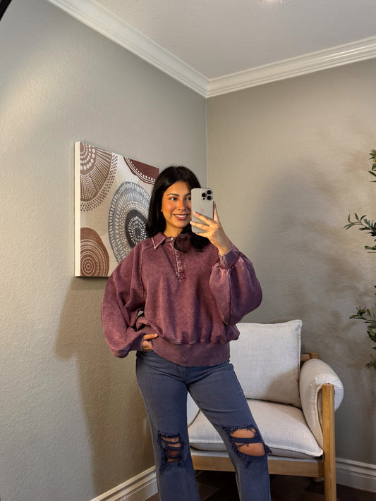 Kelsey Acid Wash Pullover - Eggplant