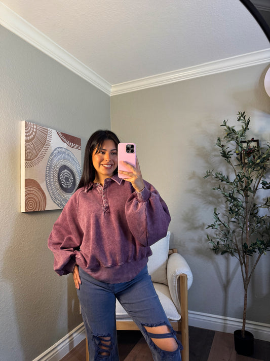 Kelsey Acid Wash Pullover - Eggplant