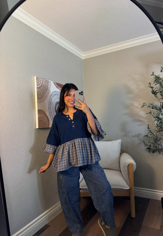 Feeling Blue-tiful Plaid Baby Doll Top