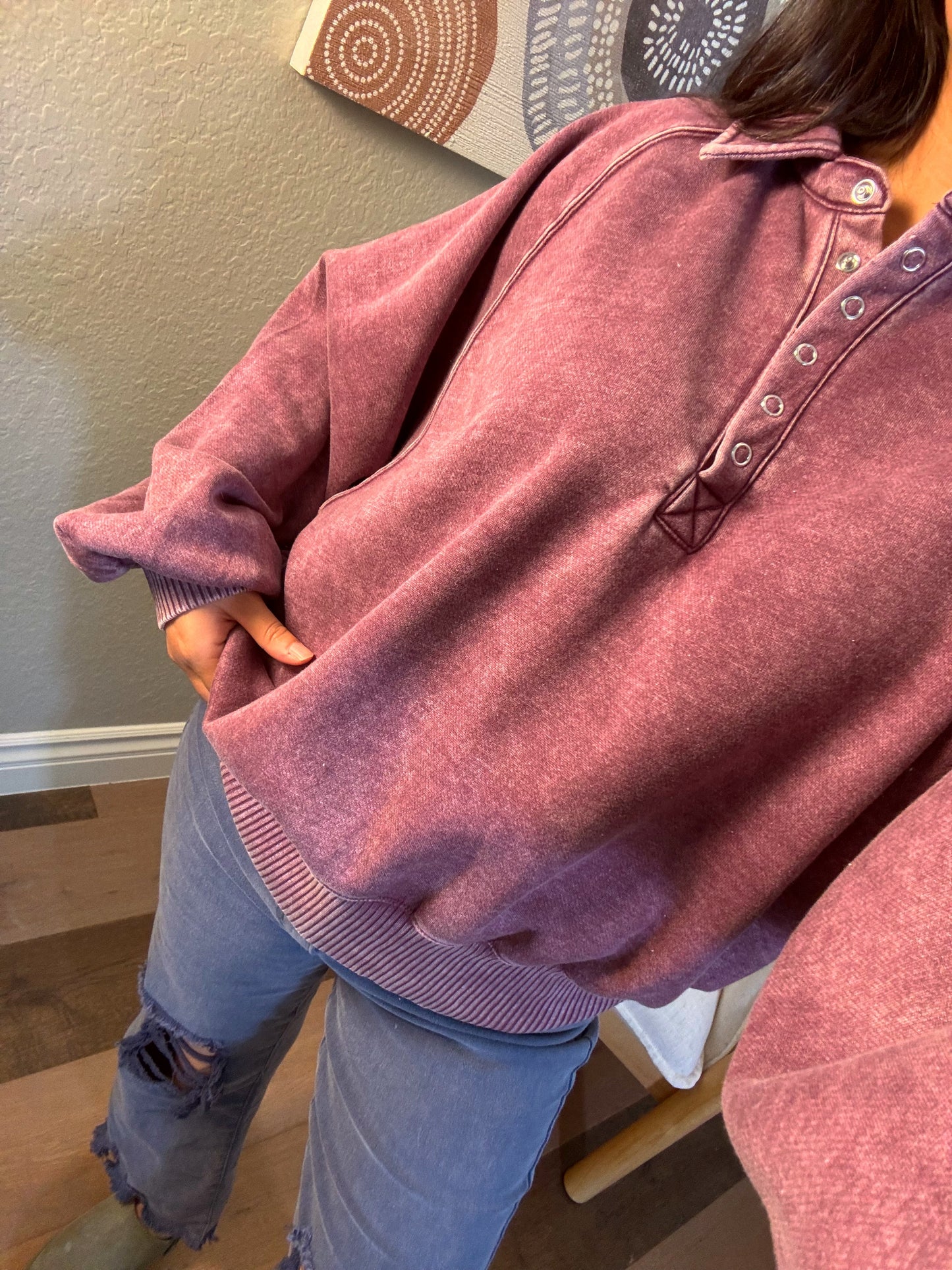 Kelsey Acid Wash Pullover - Eggplant