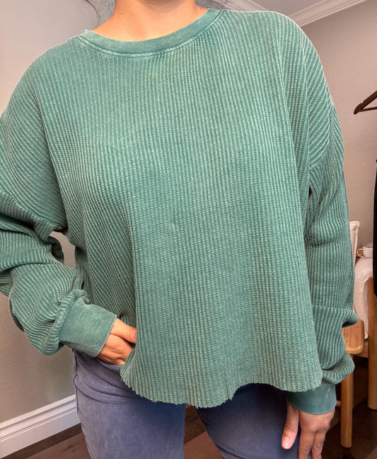 Mineral Wash Waffle Long Sleeve - DK GREEN & BLACK