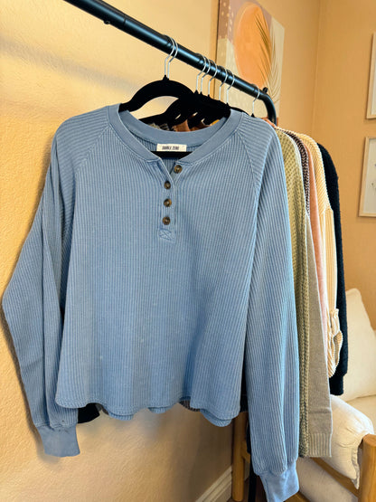 Henley Waffle Knit Top (BLUE)