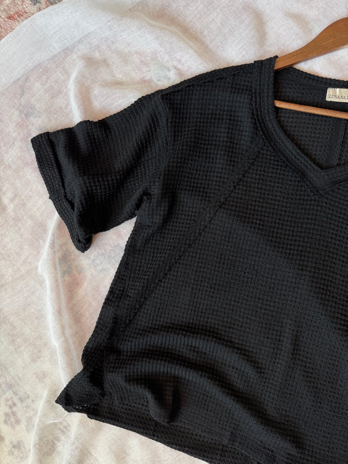 April Breeze Waffle Knit Top *BLACK*  (S-XL)